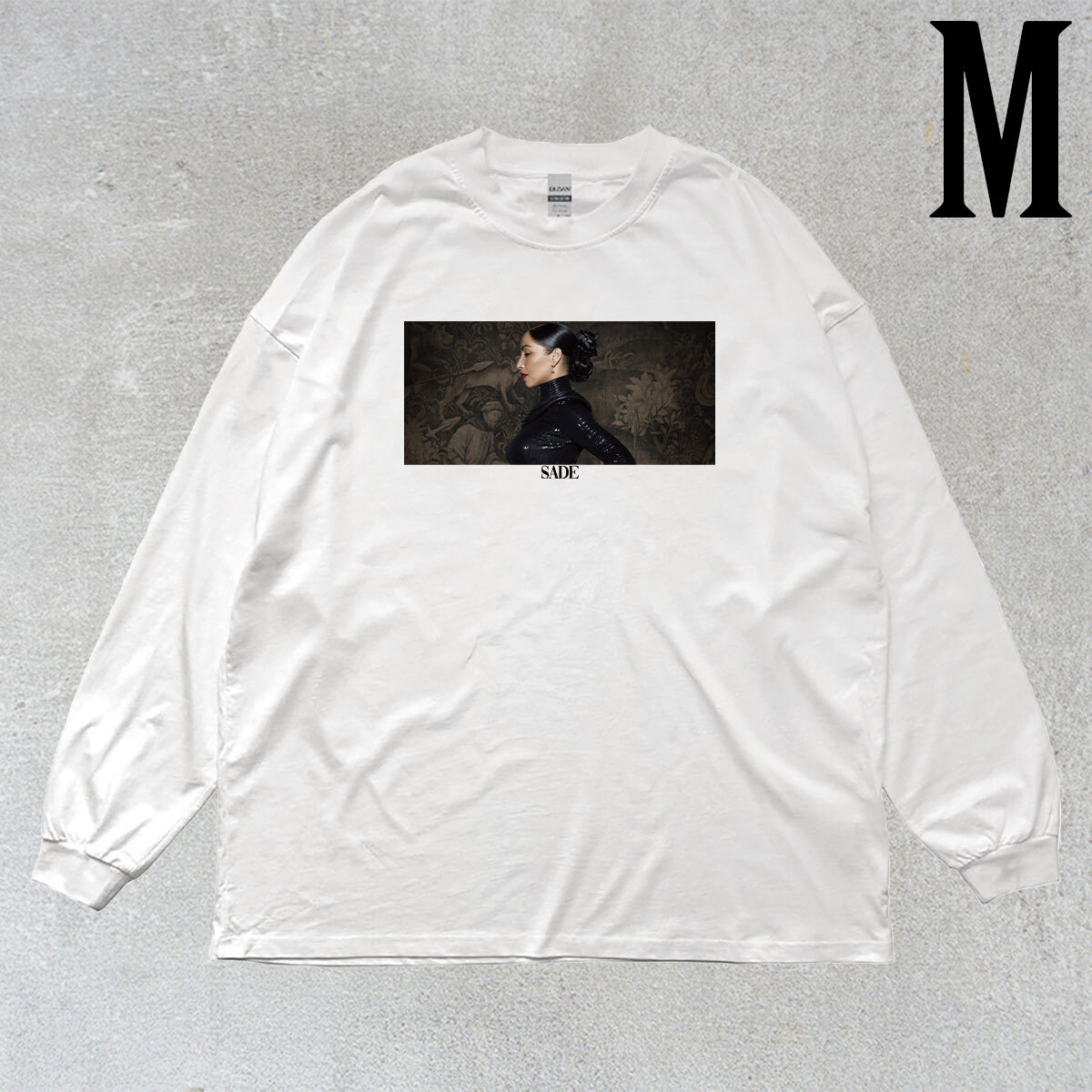 SADE シャーデー 柄 フォトプリント リブ付き 長袖 Tシャツ ロンT ミュージック Tシャツ 6.0oz コットン100% ユニセックス シロ M拍卖