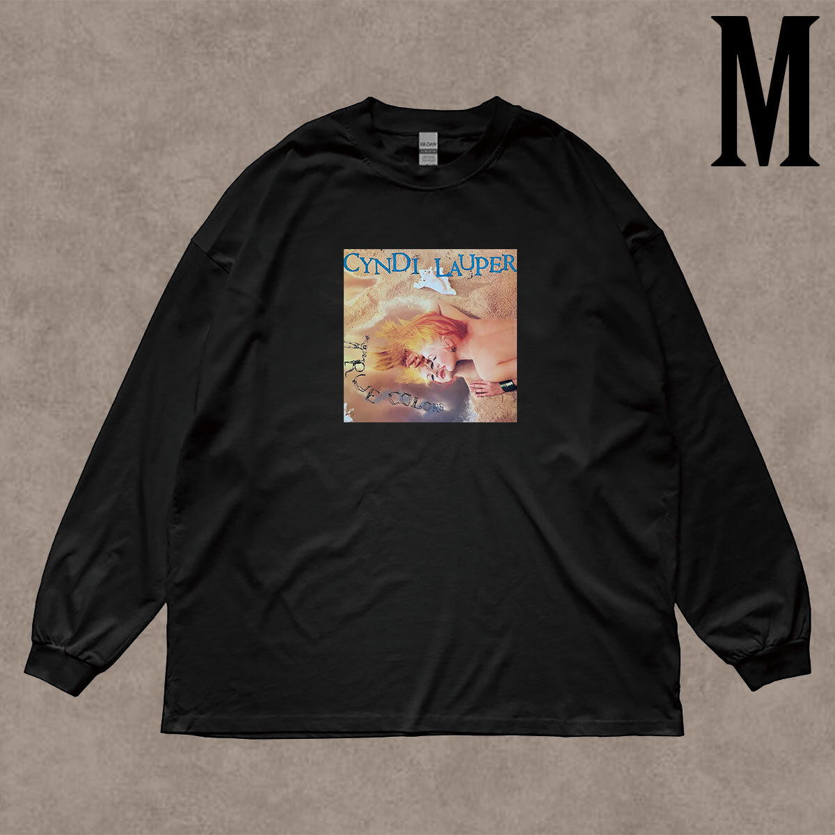 シンディローパー 柄 フォトプリント リブ付き 長袖 Tシャツ ミュージック ロンT TRUE COLORS 6.0oz コットン100% ユニセックス M拍卖