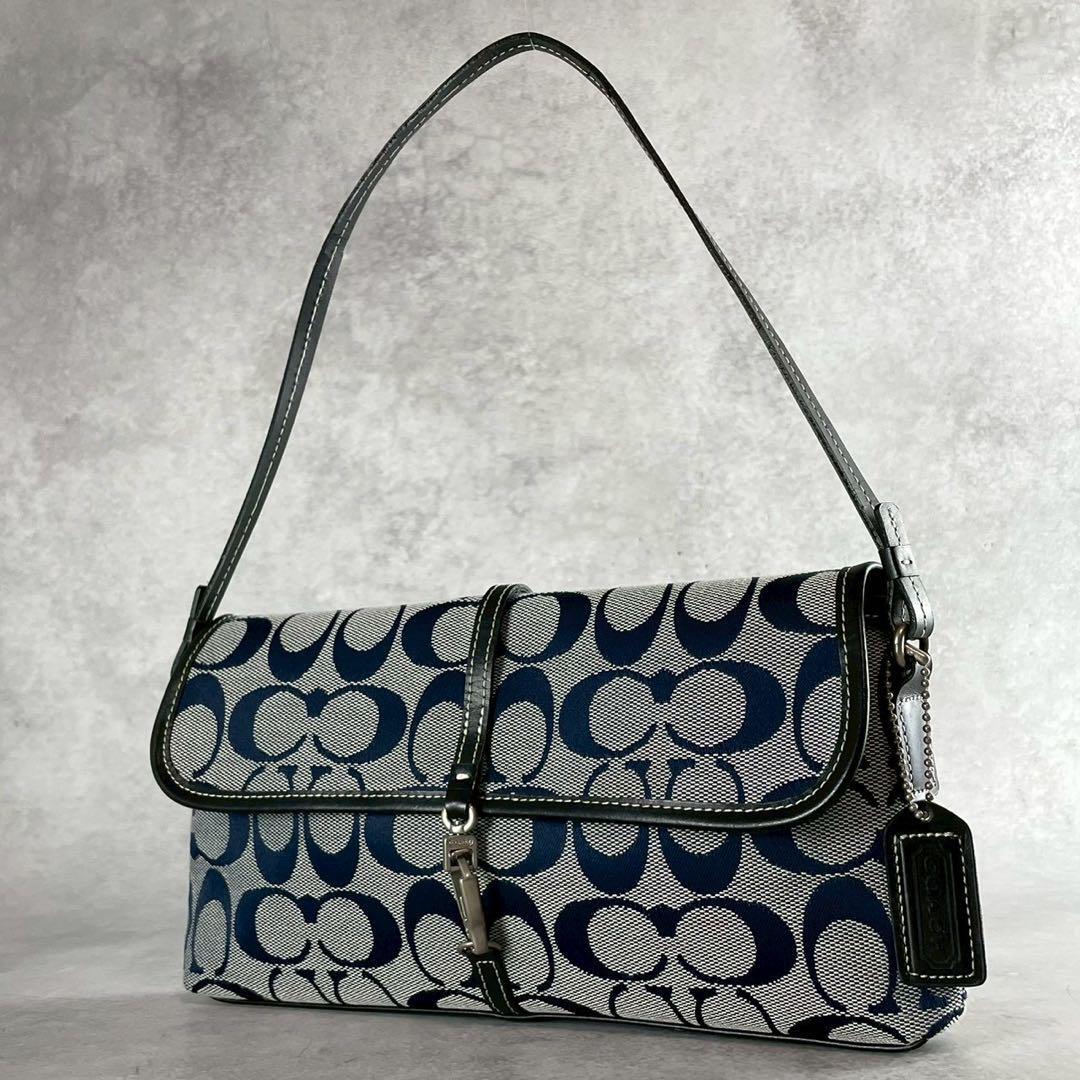 【極美品】COACH コーチ ハンドバッグ アクセサリーポーチ シグネチャー キャンバス 金具 ネイビー系 L25-6348拍卖