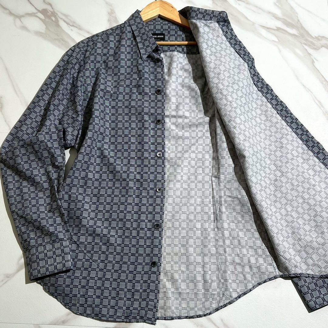 【未使用級/XL】GIORGIO ARMANI ジョルジオアルマーニ 長袖シャツ 羽織り 最高級 黒タグ ストレッチ トップス ネイビー系 メンズ拍卖