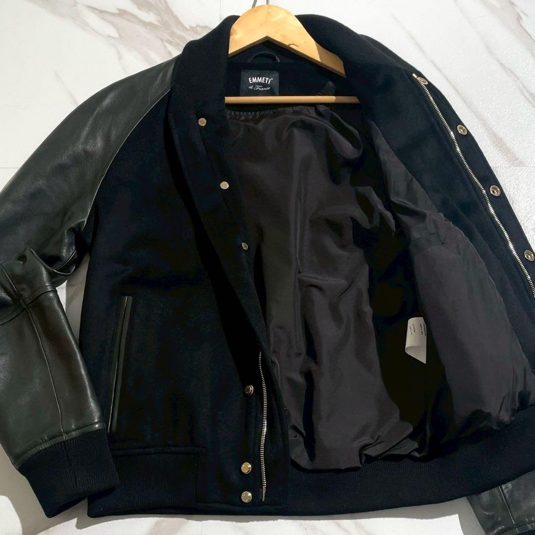 【極美品/44】EMMETI エンメティ スタジャン ラムレザー ジャケット 切替ブルゾン カシミヤ100% ストレッチ 羊革 本革 黒 ブラック拍卖