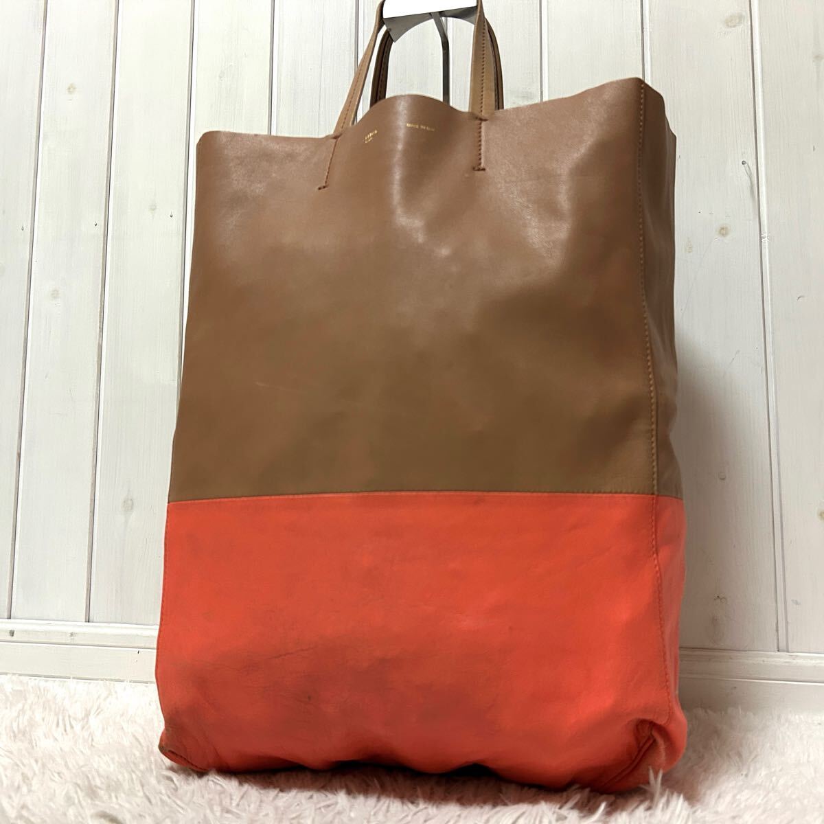 CELINE セリーヌ ホリゾンタルカバ トートバッグ ハンドバッグ 肩掛け バイカラー フィービー期 ロゴプリント サーモンピンク×ブラウン拍卖