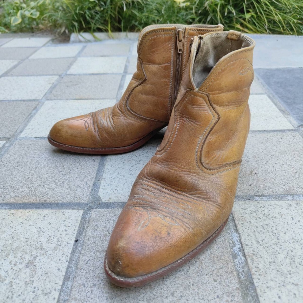 70s ウエスタン ショート ブーツ SAM by SAKAE 本革 手作り ウエスタンブーツ ブラウン 茶 ショートブーツ サイドジップ拍卖
