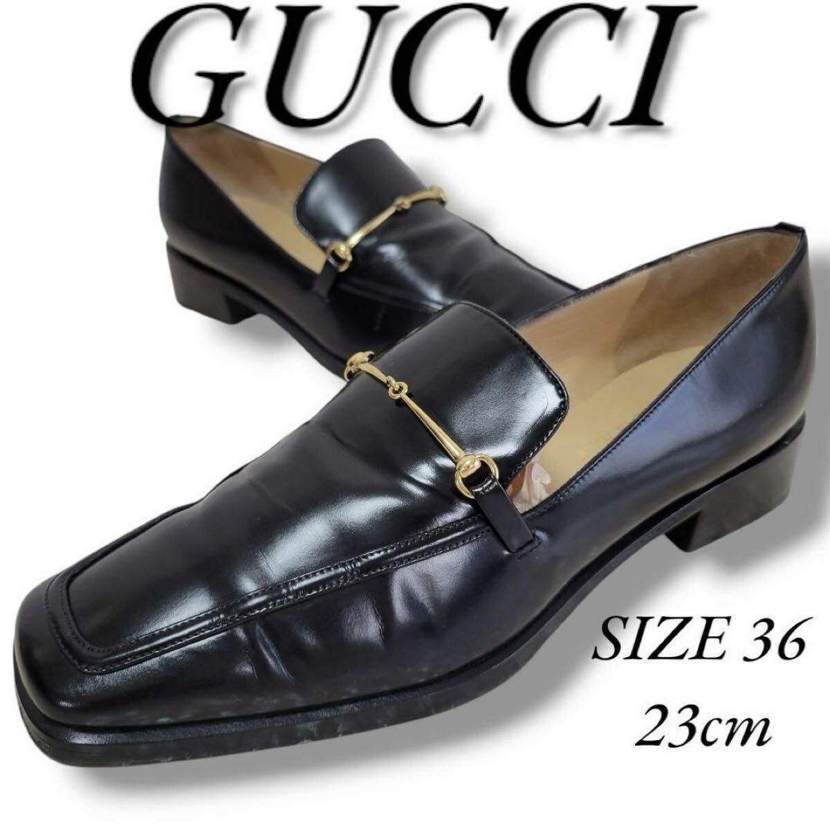 艶感 サイズ23 GUCCI グッチ ビットローファー ホースビットローファー ビジネスシューズ ドレスシューズ スクエアトゥ ブラック 黒拍卖