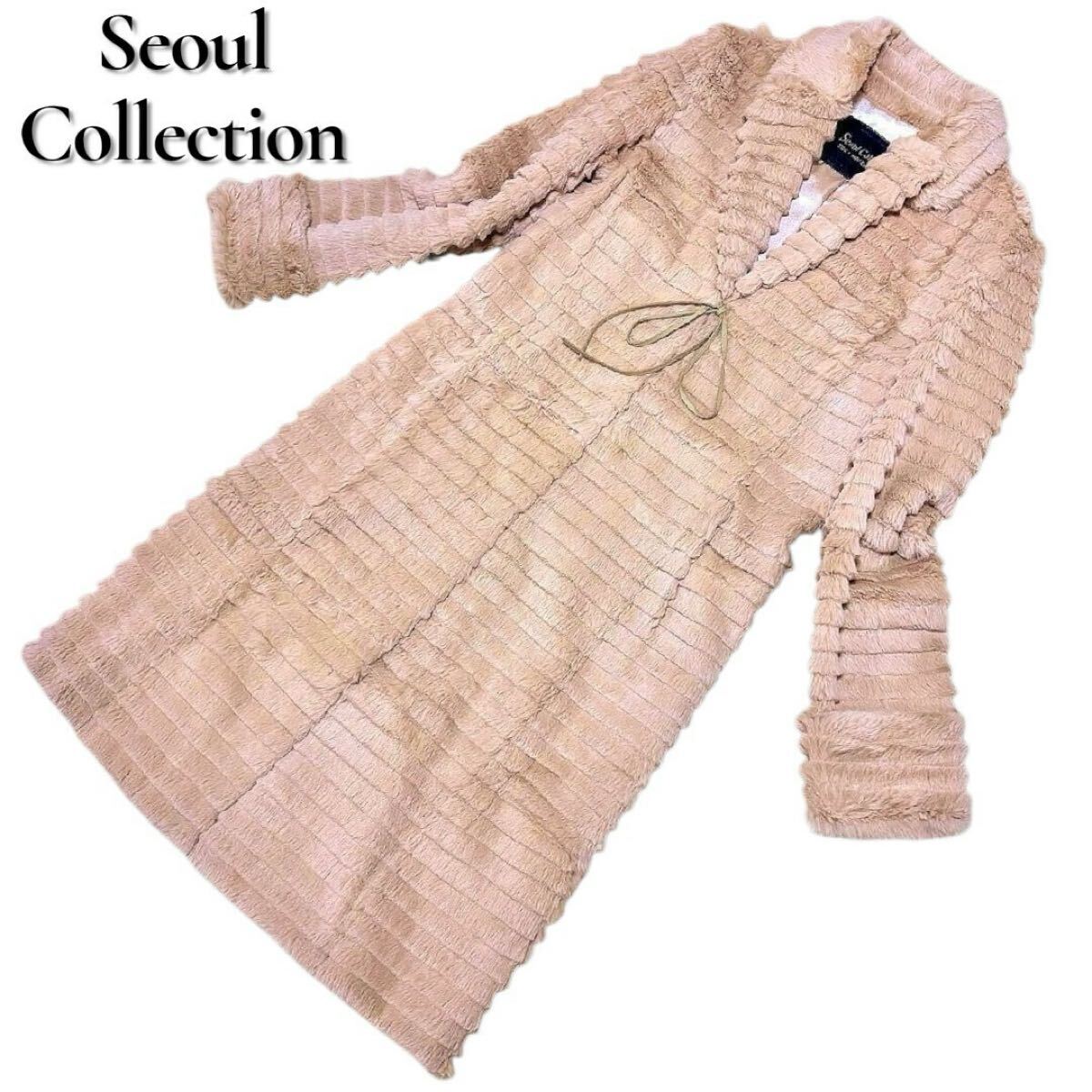 ソウルコレクション ファーコート ロングコート ラビットファー アウター レディース Mサイズ ベージュ Seoul Collection 毛皮 ウサギ拍卖
