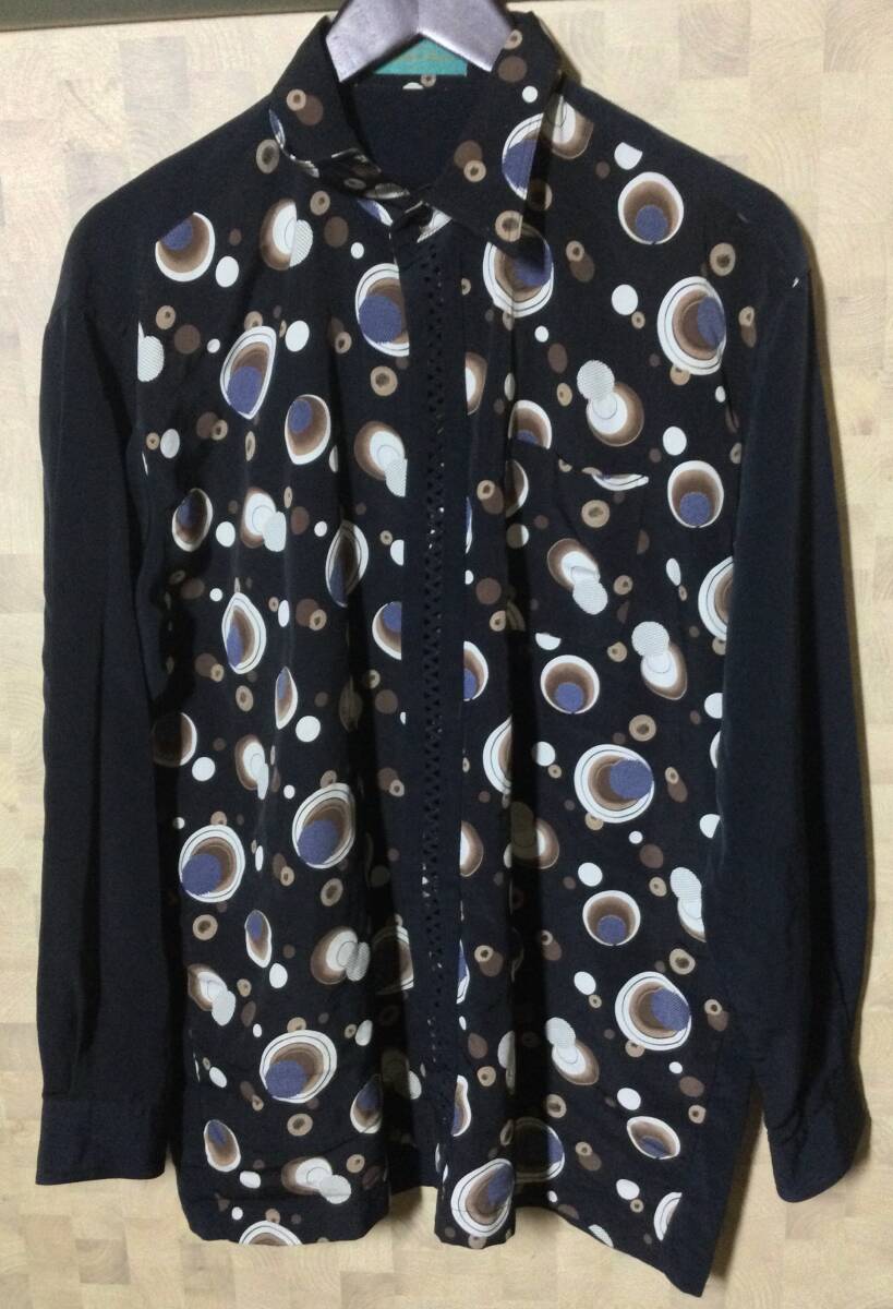 昭和レトロ 長袖シャツ ポリシャツ 80's ドレスシャツ モード ドット 猫目ボタン 国産ビンテージ オールド拍卖