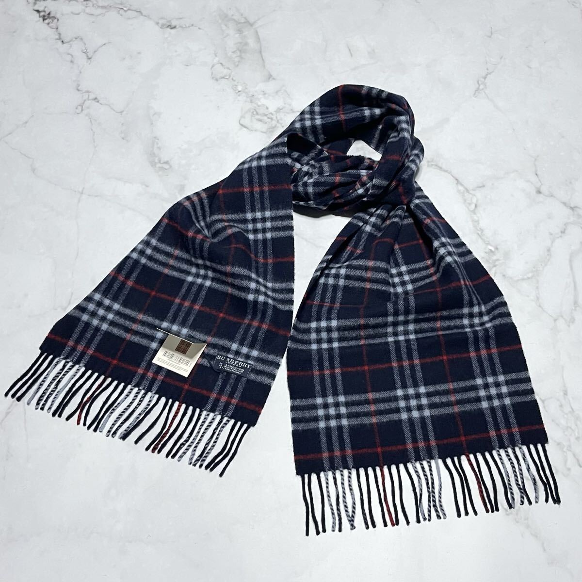 新品未使用品/極上ラムウール100% バーバリーロンドン BURBERRY LONDON イングランド製 ネイビー チェック マフラー 30cm×186cm拍卖