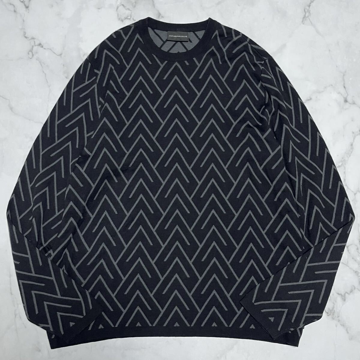 美品/XXLサイズ EMPORIO ARMANI エンポリオ アルマーニ 幾何学模様 総柄 GAロゴ ヴァージンウール50% アクリル50% ニット セーター拍卖