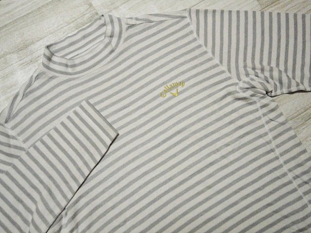 即決 大き目 LL さわやか CALLAWAY キャロウェイゴルフ 長袖 ハイネック グレー ボーダー柄 ロゴ入り 刺繍 ゴルフウェア メンズ拍卖