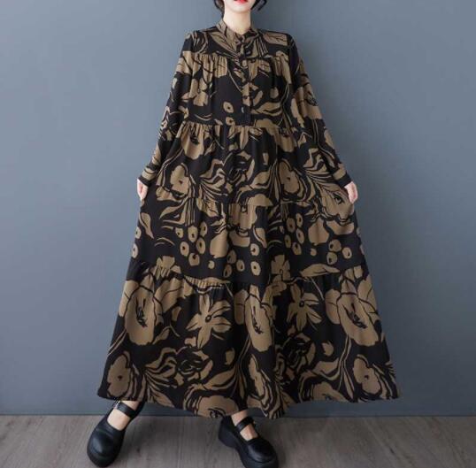 新入荷ワンピース 綿麻混 洋服ミックス アンティーク風 ロマンファッション ゆったり フリーサイズ 長袖 花柄拍卖