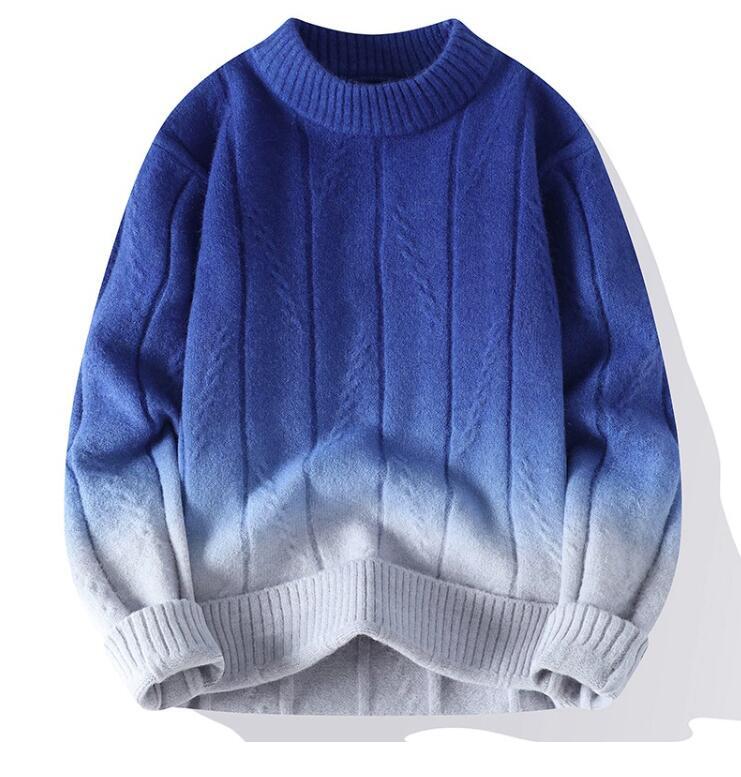 新入荷グラデーションニット メンズ ウール混 クルーネック ニットセーター 秋冬 厚手 長袖 プルオーバー トップス/ブルー拍卖