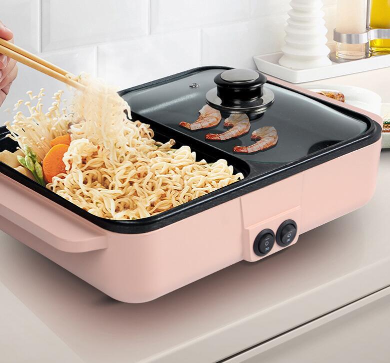 新入荷ホットプレート鍋おしゃれかわいい 深型グリルプレート電気プレート 電気鍋 左右温度調整 高火力 セパレート ガラス蓋 深鍋 結婚祝い拍卖