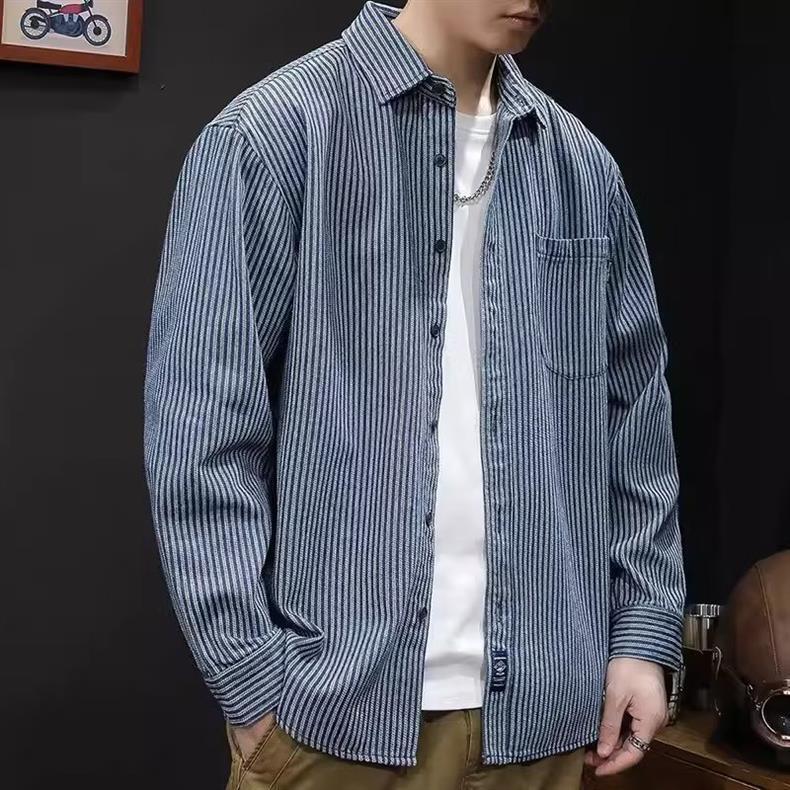 新入荷大人気シャツジャケット ウエスタンシャツ ストライプ メンズ トップス 長袖シャツ 春 秋 冬服 ブルー XL拍卖