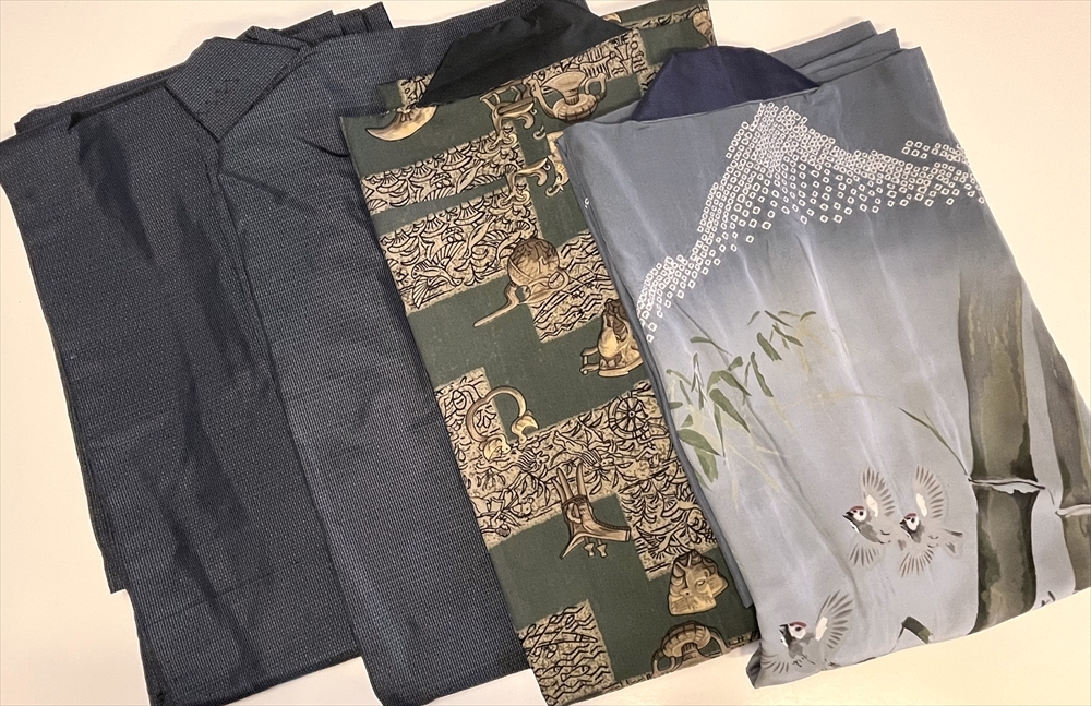 花とら●リサイクル着物と長襦袢 男性用 Men‘s 紬 アンサンブル 絹 雀 竹 モスリン リメイク 素材 251012拍卖