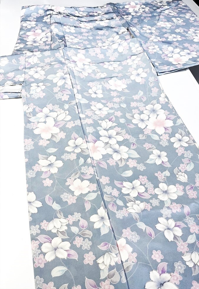 花とら●リサイクル着物 小紋 単衣 薄灰水色 小花 リメイク 素材 250916拍卖