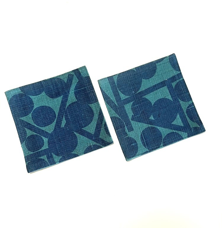 花とら●リサイクル小物 麻 コースター 2枚まとめて 未使用品 美品 青緑 モダン 幡 251013拍卖