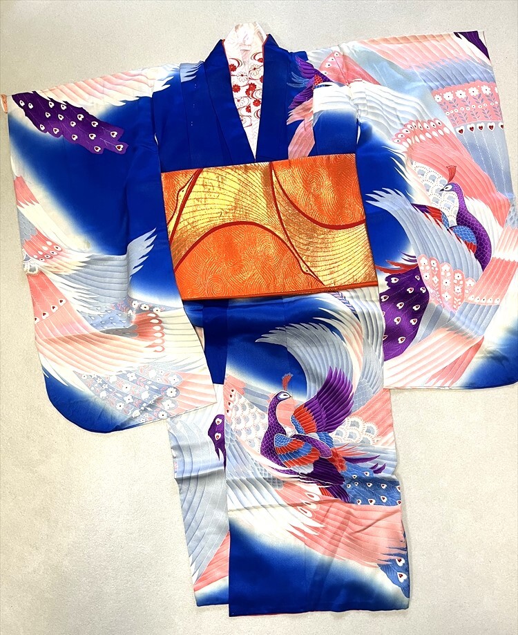 花とら●リサイクル着物 女児 祝い着 七五三 着物と帯と長襦袢まとめて 青 孔雀 使用可能 リメイク 素材 250917拍卖