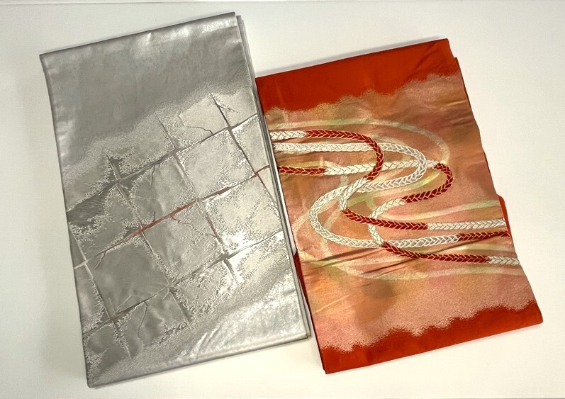 花とら●リサイクル帯 袋帯 名古屋帯 2本まとめて 使用可能 銀地 破れ色紙 橙 紐 250916拍卖