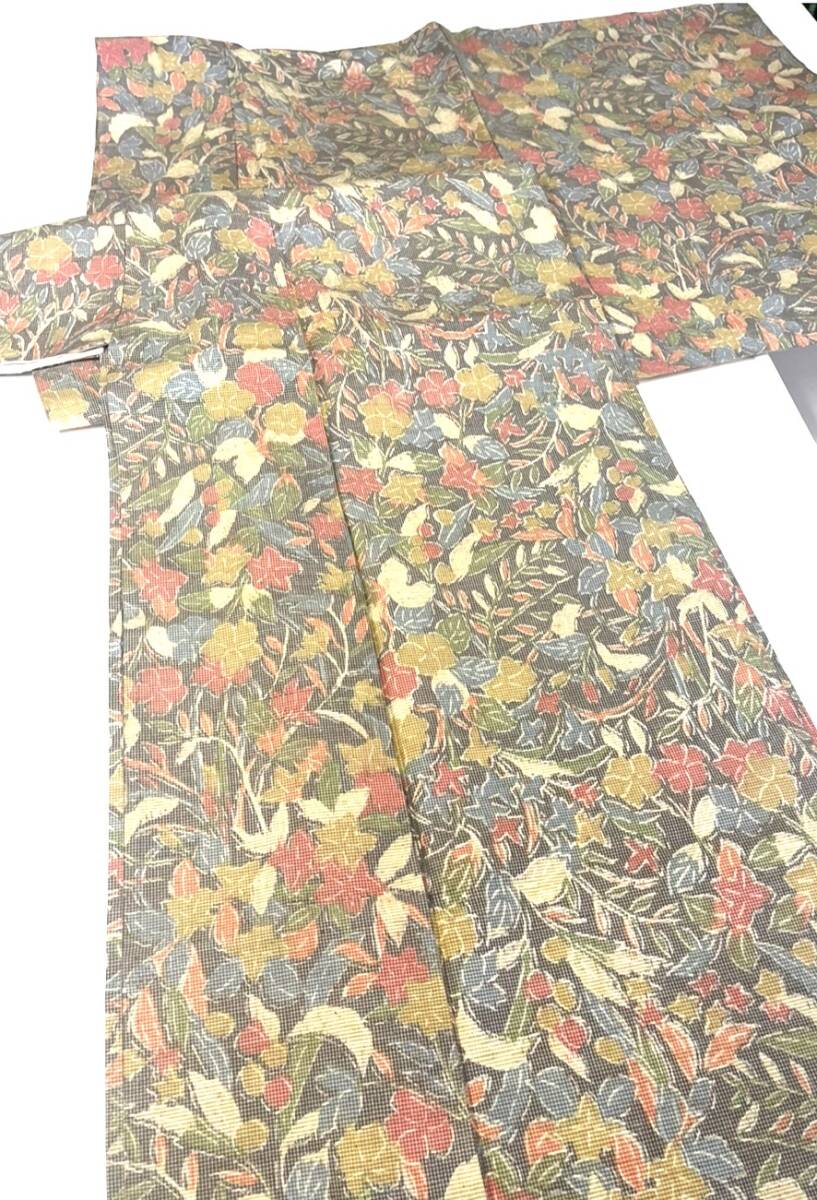 花とら●リサイクル着物 お召し 単衣 草花 着用可能 リメイク 素材 パステルトーン 250916拍卖
