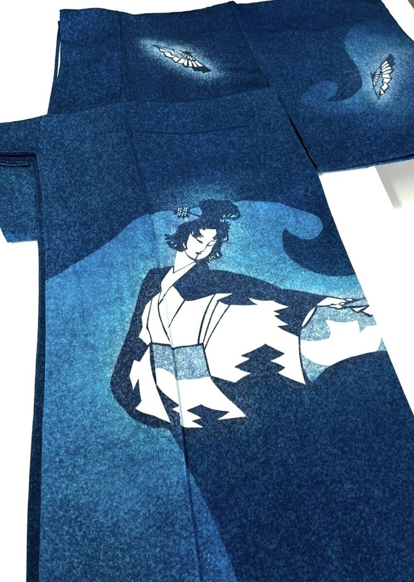 花とら●リサイクル着物 付下げ 加賀藍染 共八掛 切絵 舞姿 個性的 着用可欧 リメイク 素材 250916拍卖