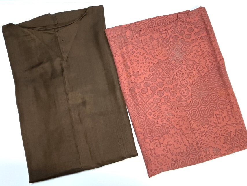 花とら●リサイクル道中着 道行 2枚まとめて サーモンピンク 着用可能 茶 リメイク 素材 絹 250915拍卖