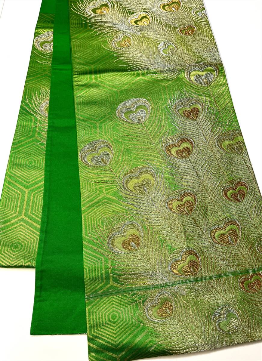 花とら●リサイクル帯 袋帯 緑 孔雀羽 亀甲 昭和 使用可能 リメイク 素材 細工用 251012拍卖