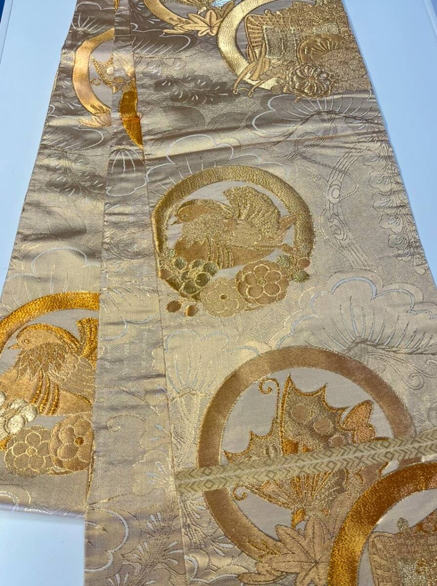 花とら●リサイクル帯 丸帯 全通 金 丸紋 松 佐賀錦 使用可能 リメイク 素材 250916拍卖