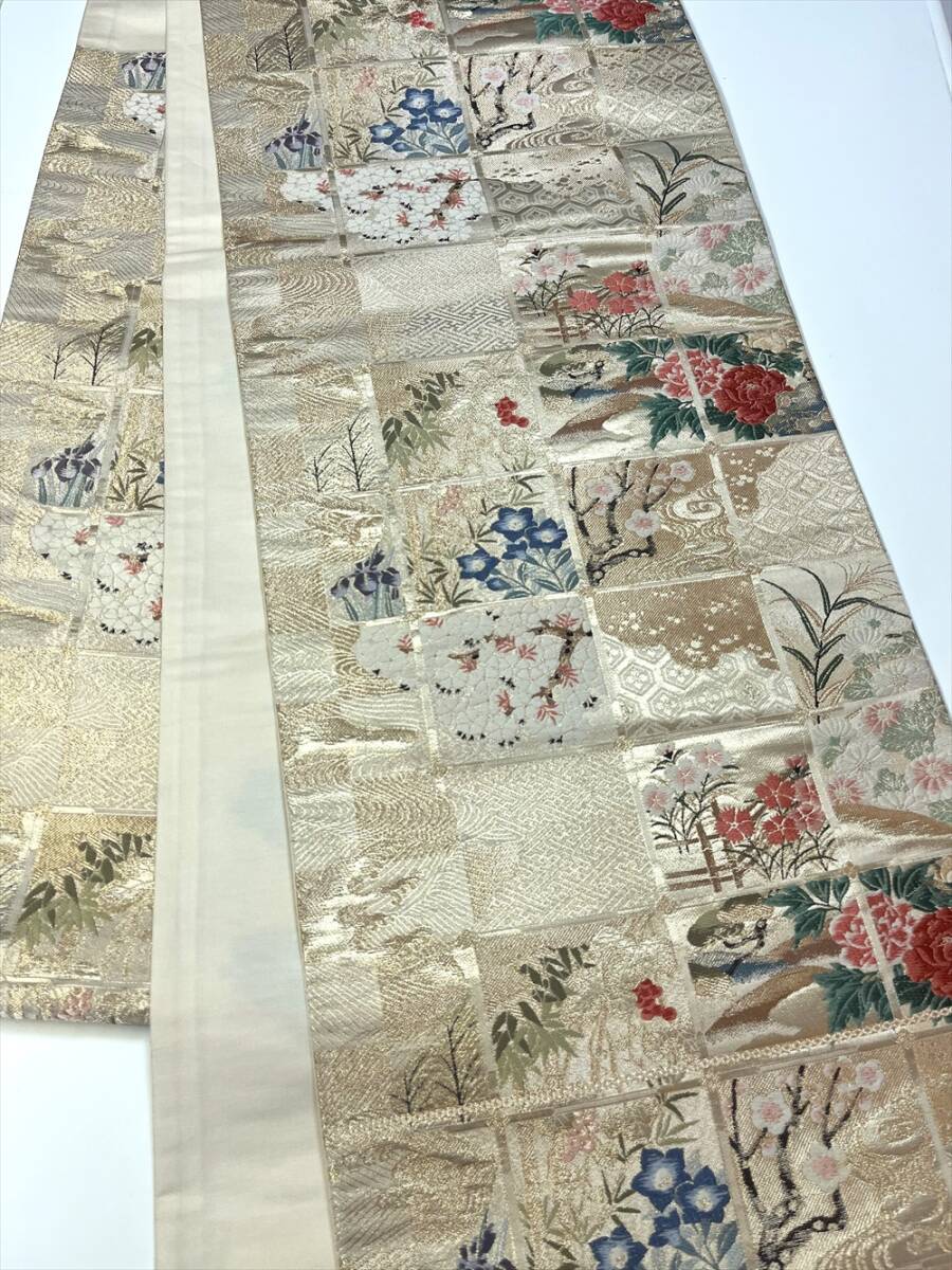 花とら●リサイクル帯 袋帯 金 格天井 草花 使用可能 リメイク 素材 251010拍卖