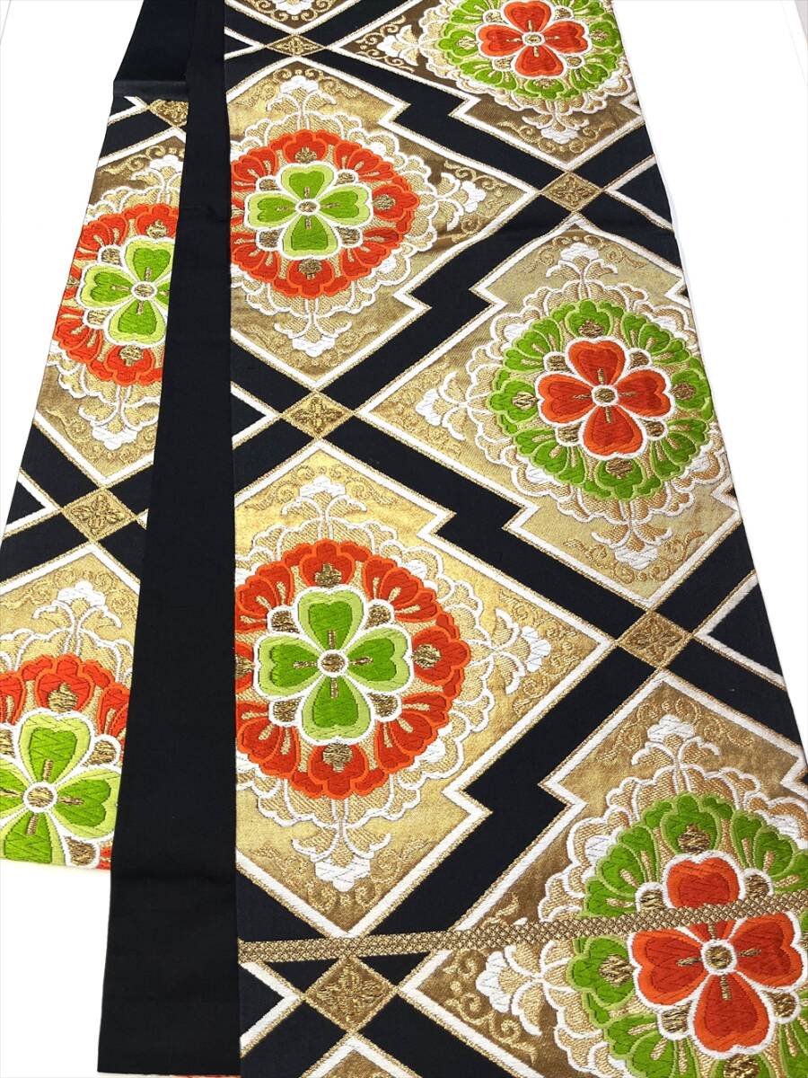 花とら●リサイクル帯 袋帯 黒 松皮菱 陵華文様 振袖 リメイク 素材 251012拍卖