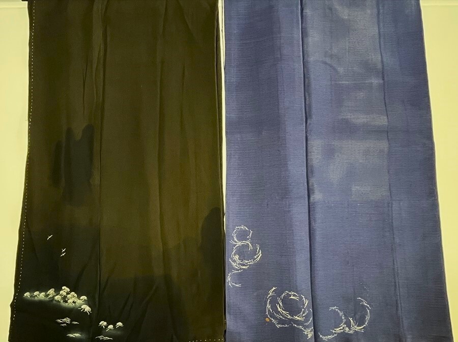 花とら●アンティーク着物 絽 黒留袖 刺繍 松葉 渦巻き 砂子風 松林 波 ちりめん リメイク 素材 250917拍卖