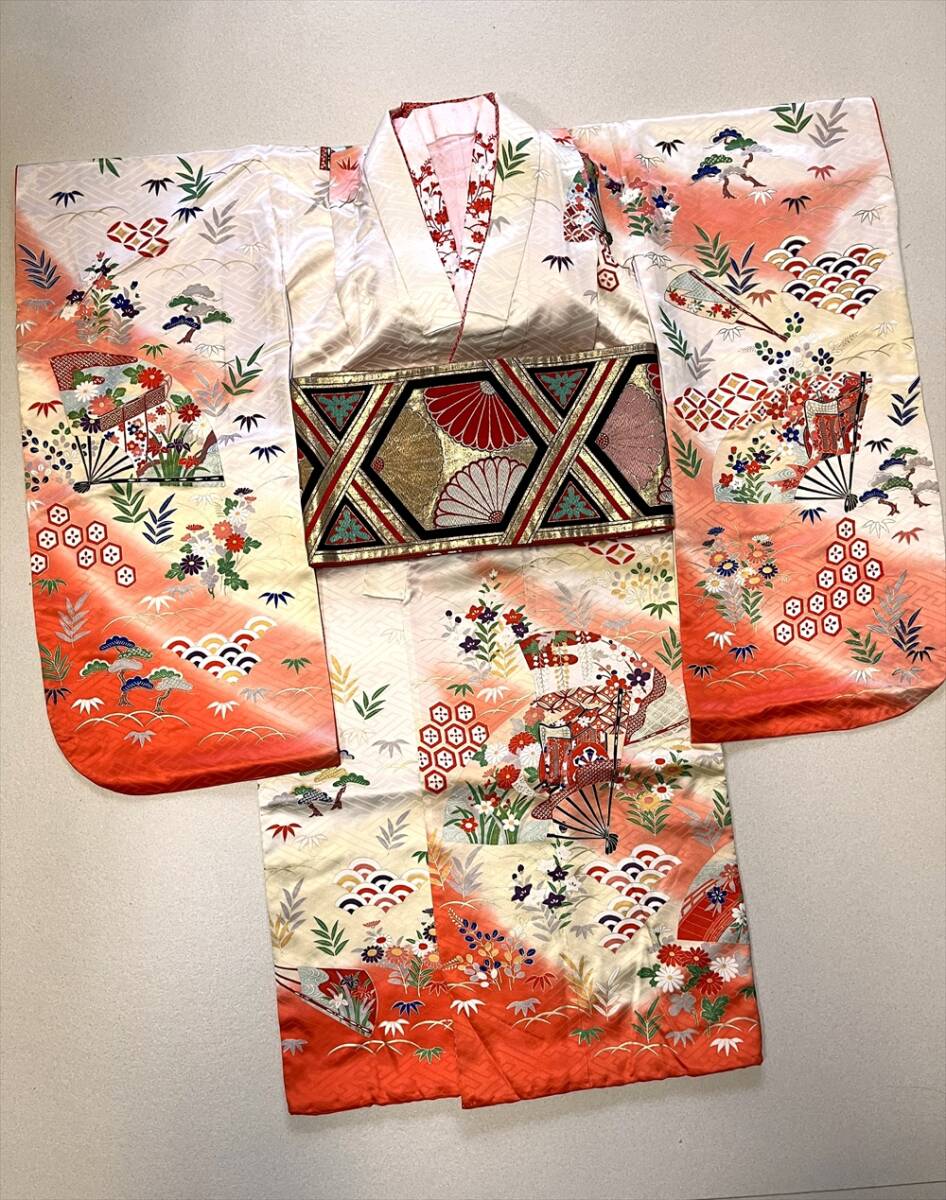 花とら●リサイクル着物 子供用 女児用 七五三 七才 着物と長襦袢と帯 251012拍卖