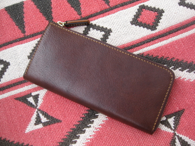 ★ヌメ革 ショルダーレザー L字型ファスナーロングウォレット ダークブラウン★ 手縫い ハンドメイド拍卖