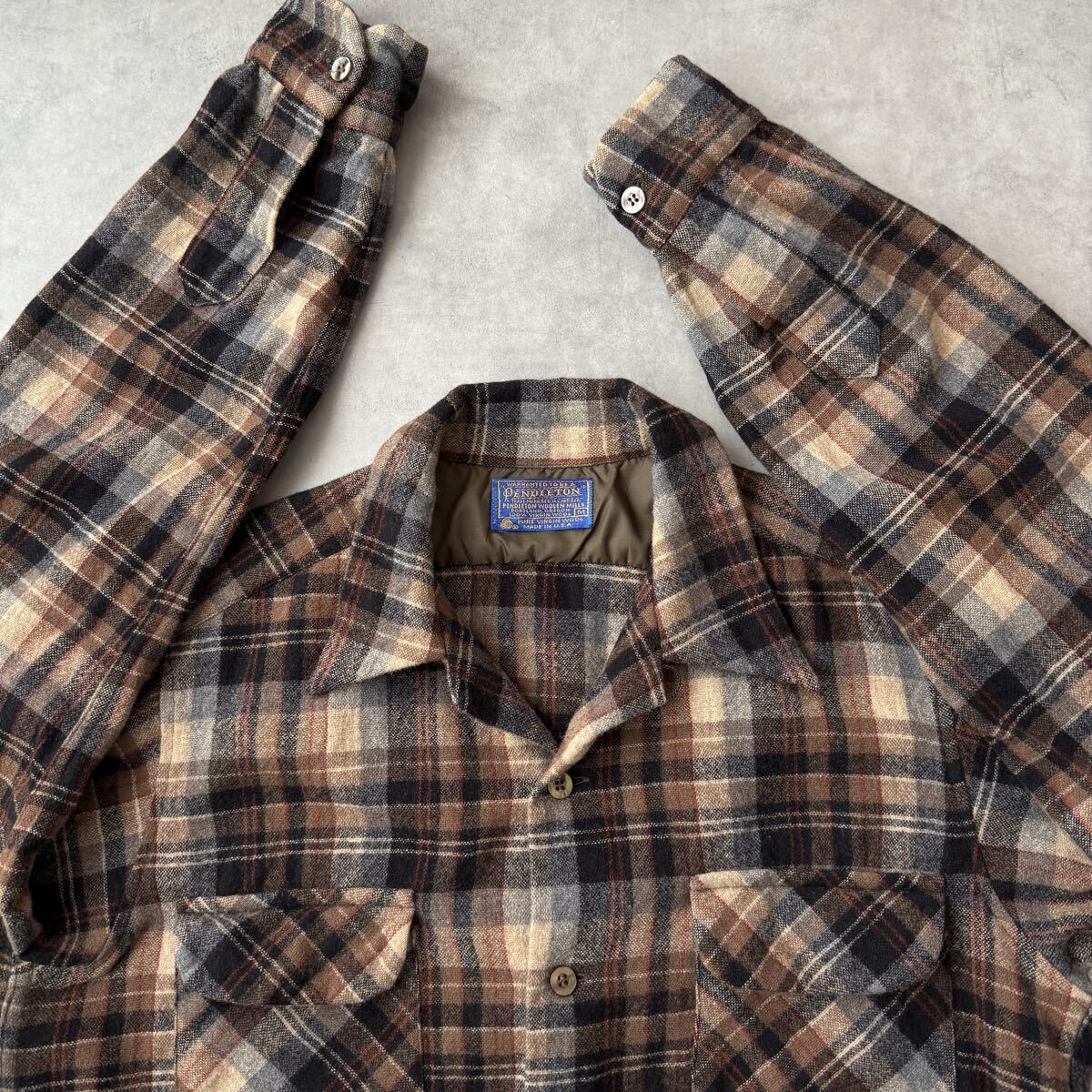 70s PENDLETON ペンドルトン ボードシャツ チェック ウール ビンテージ オープンカラー 長袖シャツ Mサイズ USA製 ブラウン 拍卖