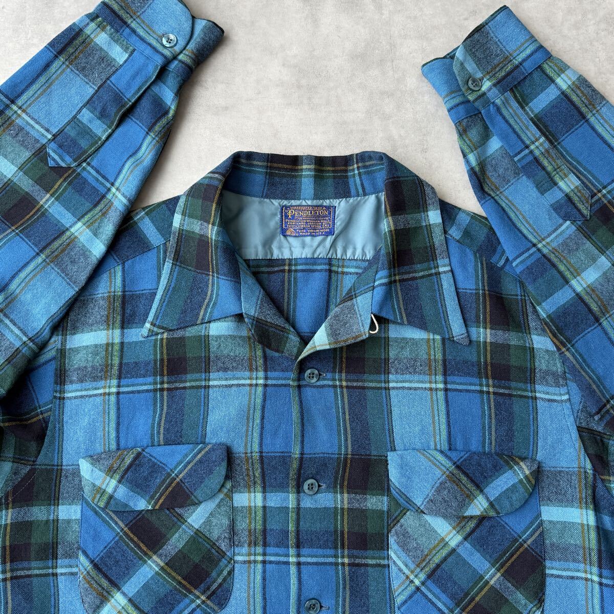 70s PENDLETON ペンドルトン ボードシャツ チェック ウール ビンテージ オープンカラー 長袖シャツ XLサイズ USA製 ブルー 50s60sオンブレ拍卖