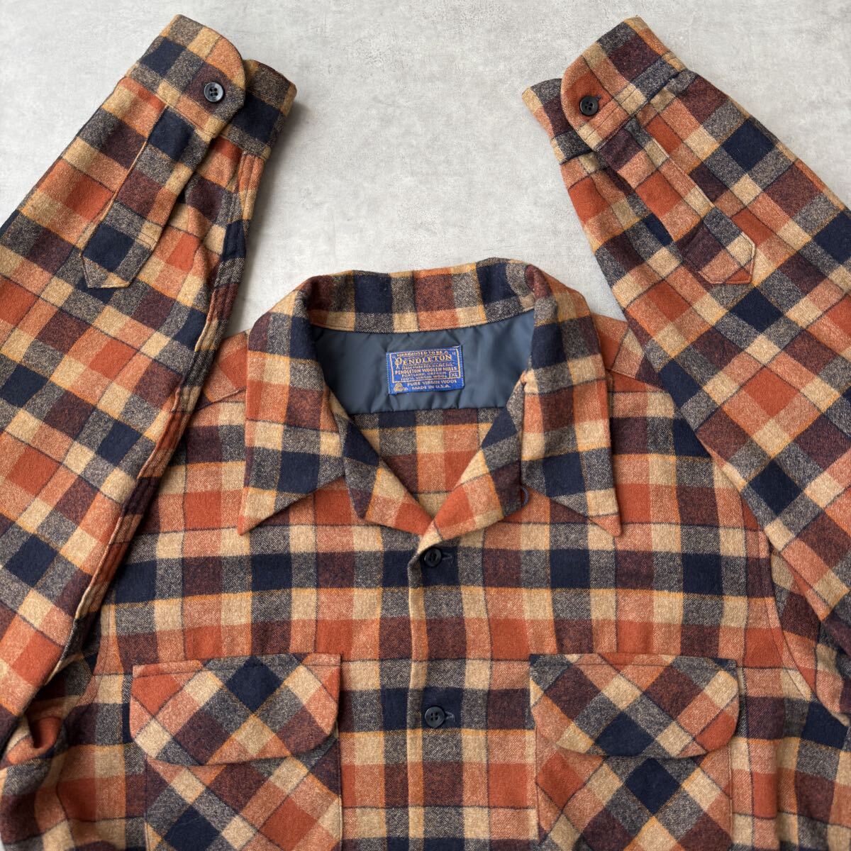70s PENDLETON ペンドルトン ボードシャツ チェック ウール ビンテージ オープンカラー 長袖シャツ XLサイズ USA製 オレンジ拍卖