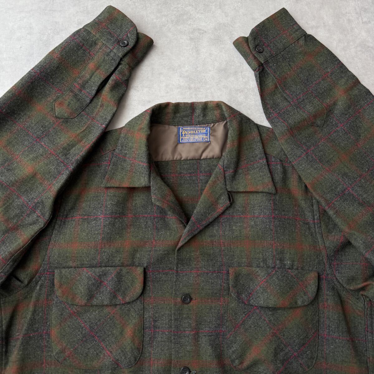 60s PENDLETON ペンドルトン ボードシャツ チェック ウール モスグリーン ビンテージ オープンカラー 長袖シャツ Mサイズ USA製 オンブレ拍卖