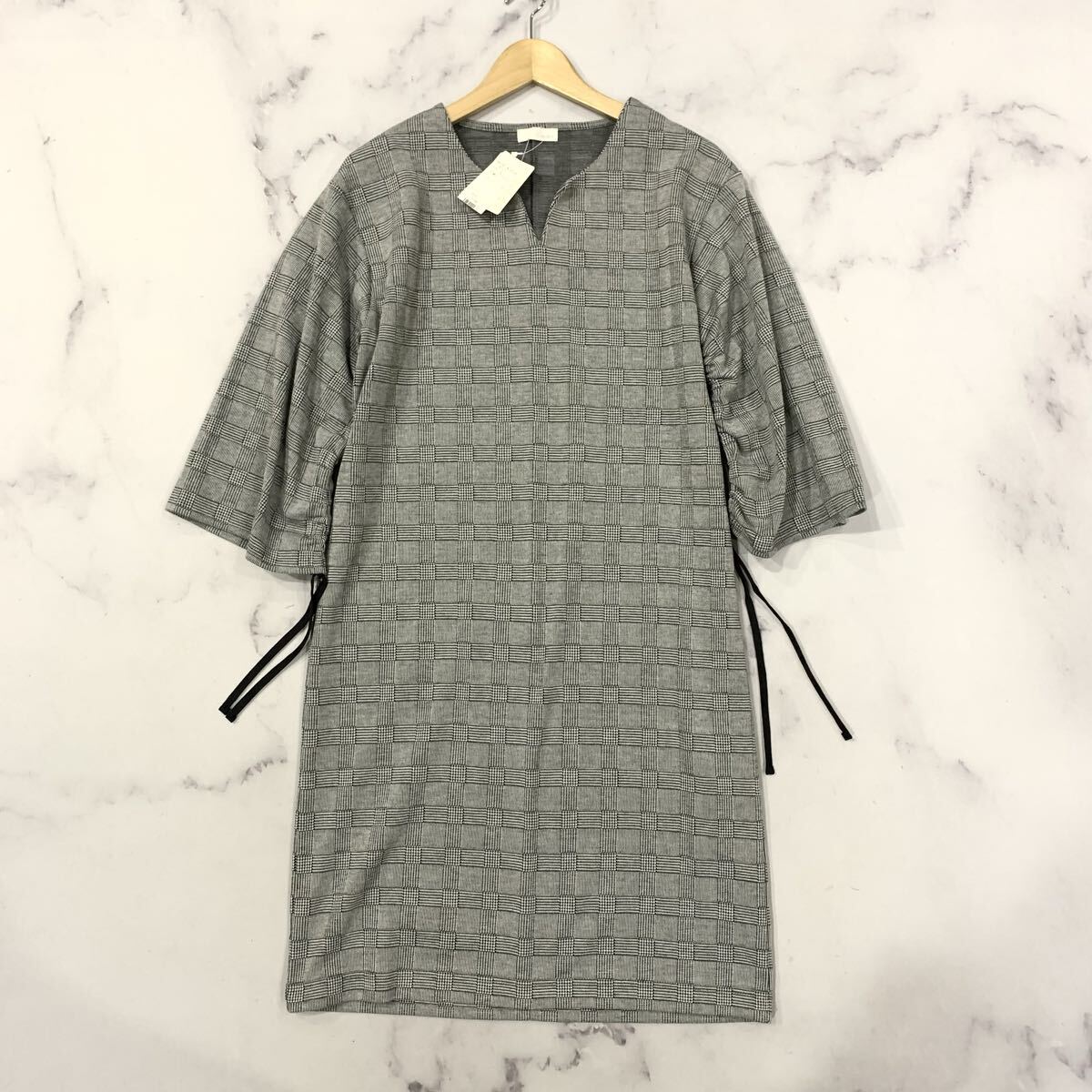 K▼ 未使用品 洗練されたデザイン 'グレンチェック' index インデックス 千鳥格子 ストレッチ素材 7分袖 ワンピース L レディース トップス拍卖