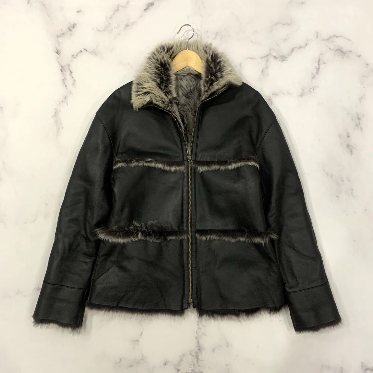 EE ▼ 洗練されたデザイン 'シープスキン' MICPORE 羊革 ジップアップ レザー ムートンジャケット / ボアコート M~L レディース アウター 拍卖