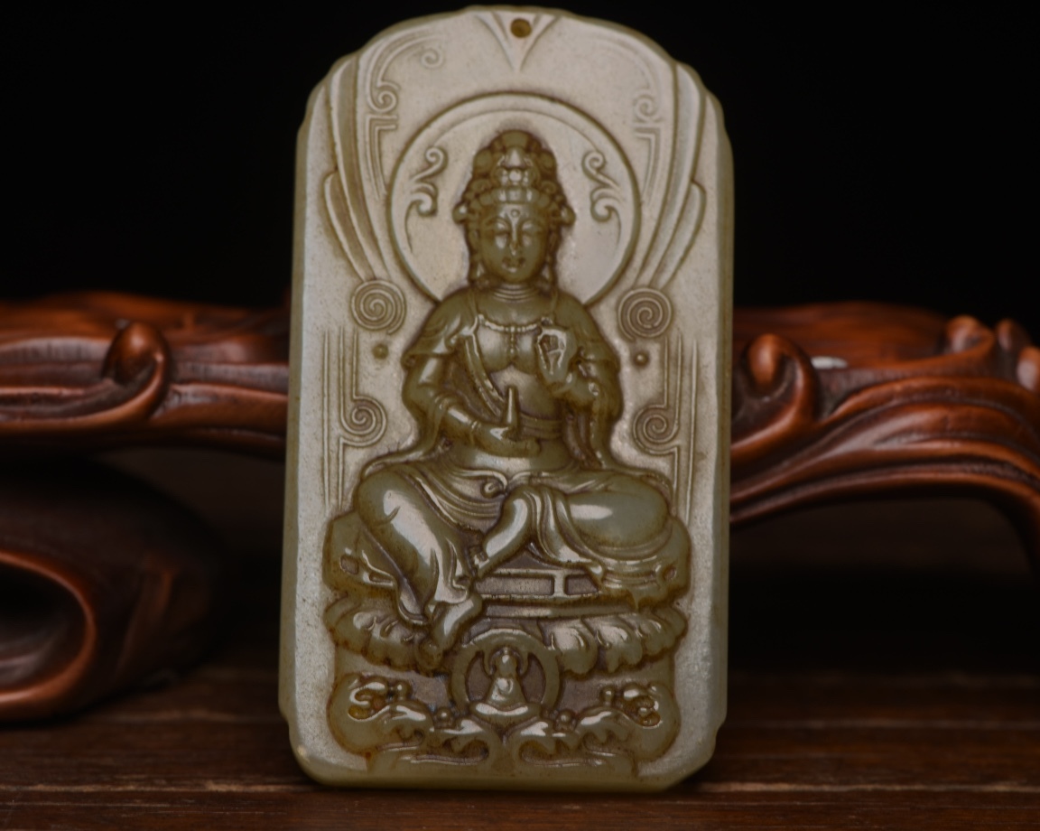 *珍品旧蔵* 清 玉彫 和田玉 觀音玉牌 玉質温潤細膩 沁色自然 包漿一流 極細工 中国古玩 骨董品 古美味 H410拍卖