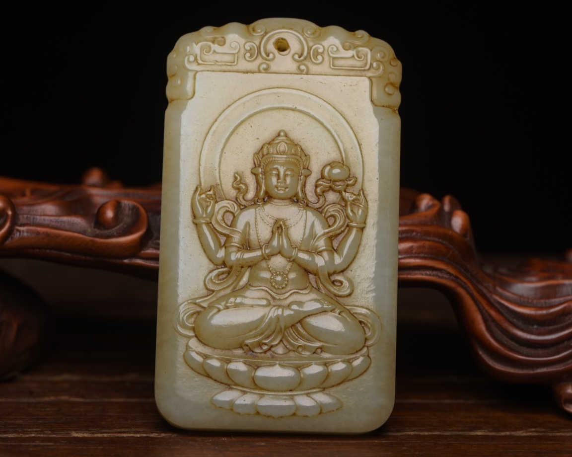 *珍品旧蔵* 清 玉彫 和田玉 觀音玉牌 吊墜 挂件 玉質温潤細膩 沁色自然 包漿一流 極細工 中国古玩 骨董品 古美味 H410拍卖