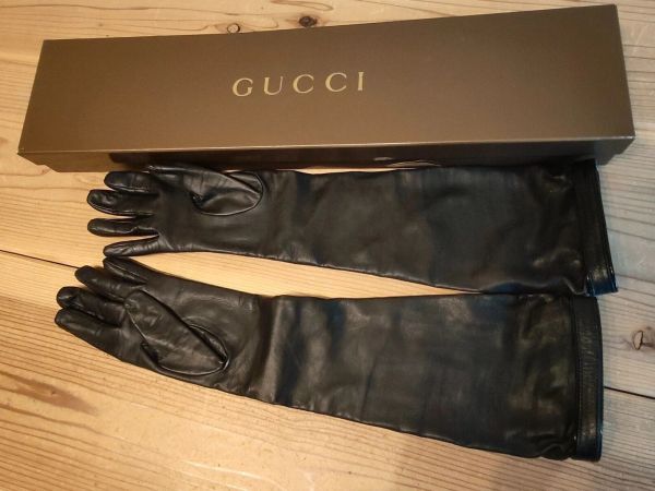Gucci グッチ レディース ロンググローブ 手袋 ブラック レザー クレスト サイズ 7.0拍卖