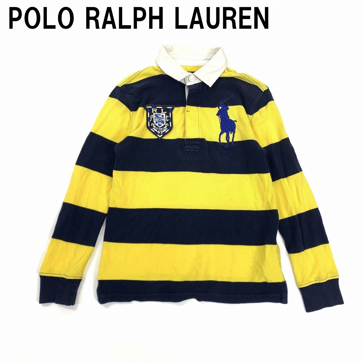 POLO RALPH LAUREN ポロラルフローレン 長袖ポロシャツ 綿 コットン ボーダー ビッグ刺繍 ワッペン 黄色 紺 イエロー 140 YC1293拍卖