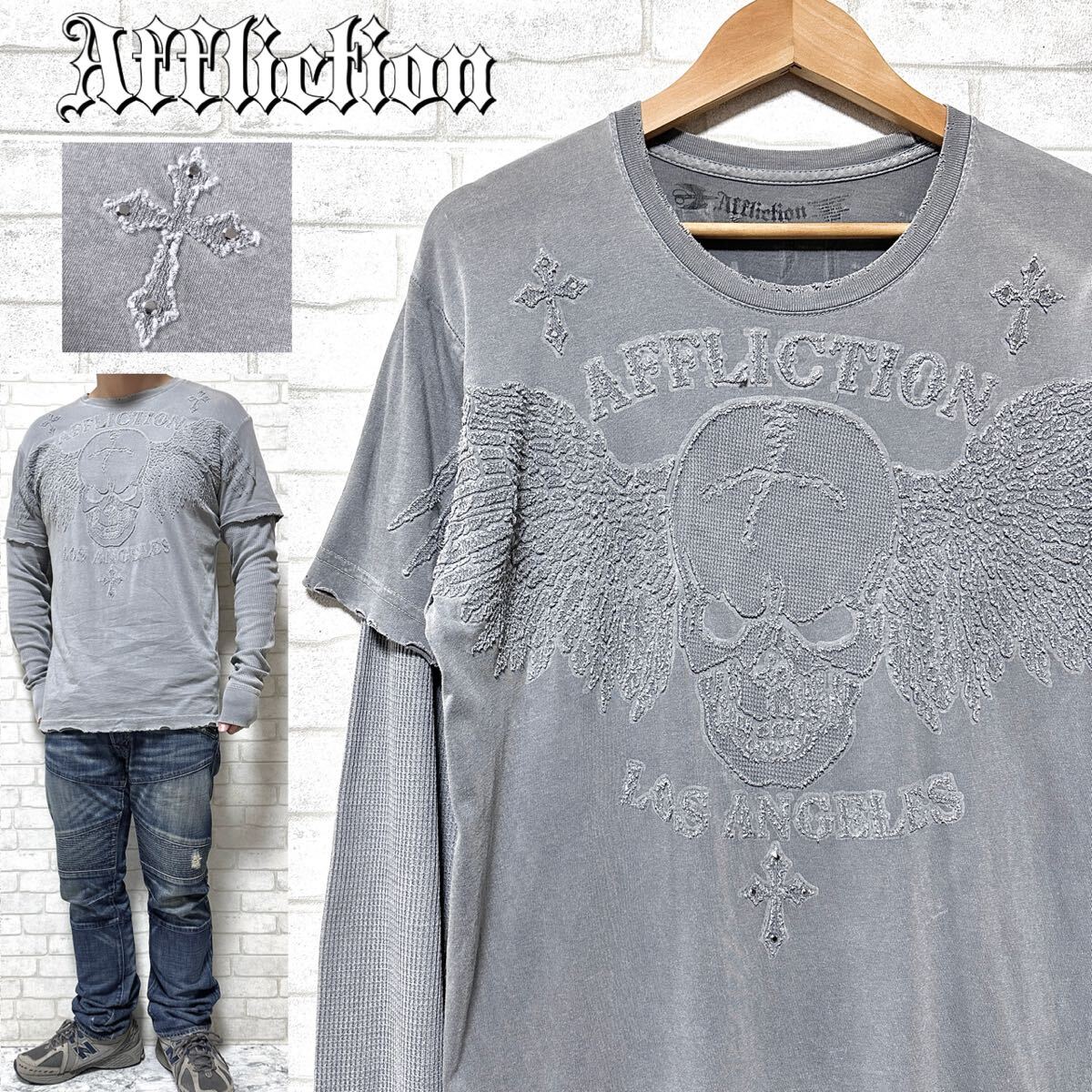 Affliction スタッズ レイヤード ロングスリーブTee スカル拍卖