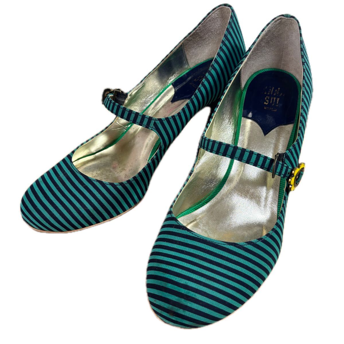 アナスイ ANNA SUI 日本製 パンプス アンクルストラップ ストラップ 花 ストライプ 緑 グリーン ネイビー 青 可愛い オシャレ拍卖