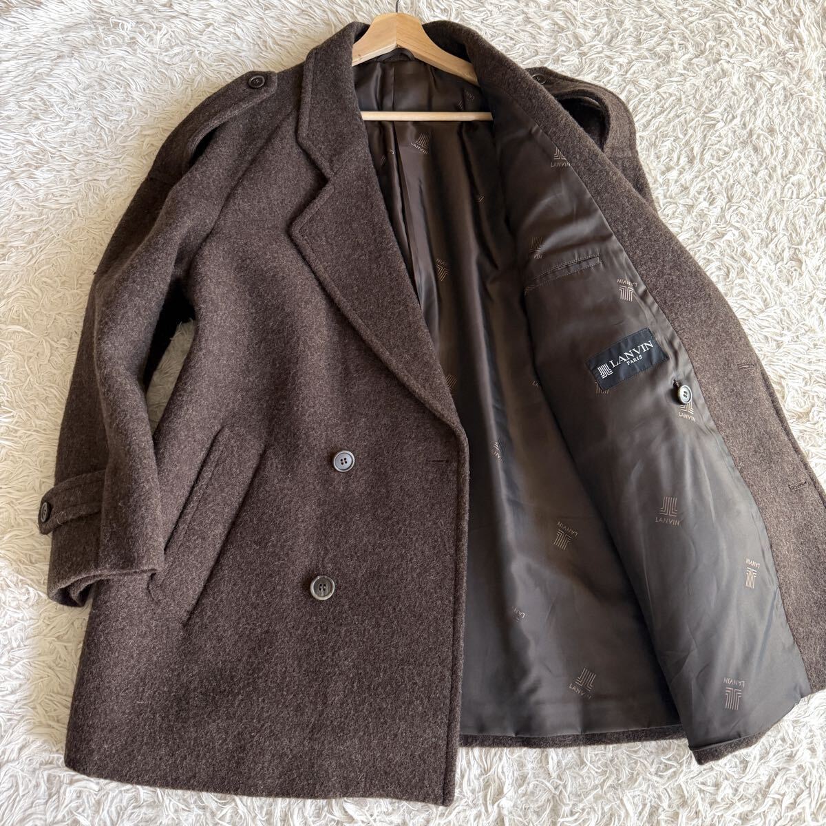 【極上】LANVIN PARIS ランバン ★混合ツイードウール素材 Pコート ピーコート メンズ H48-25 L相当 ブラウン系 美品 秋冬拍卖
