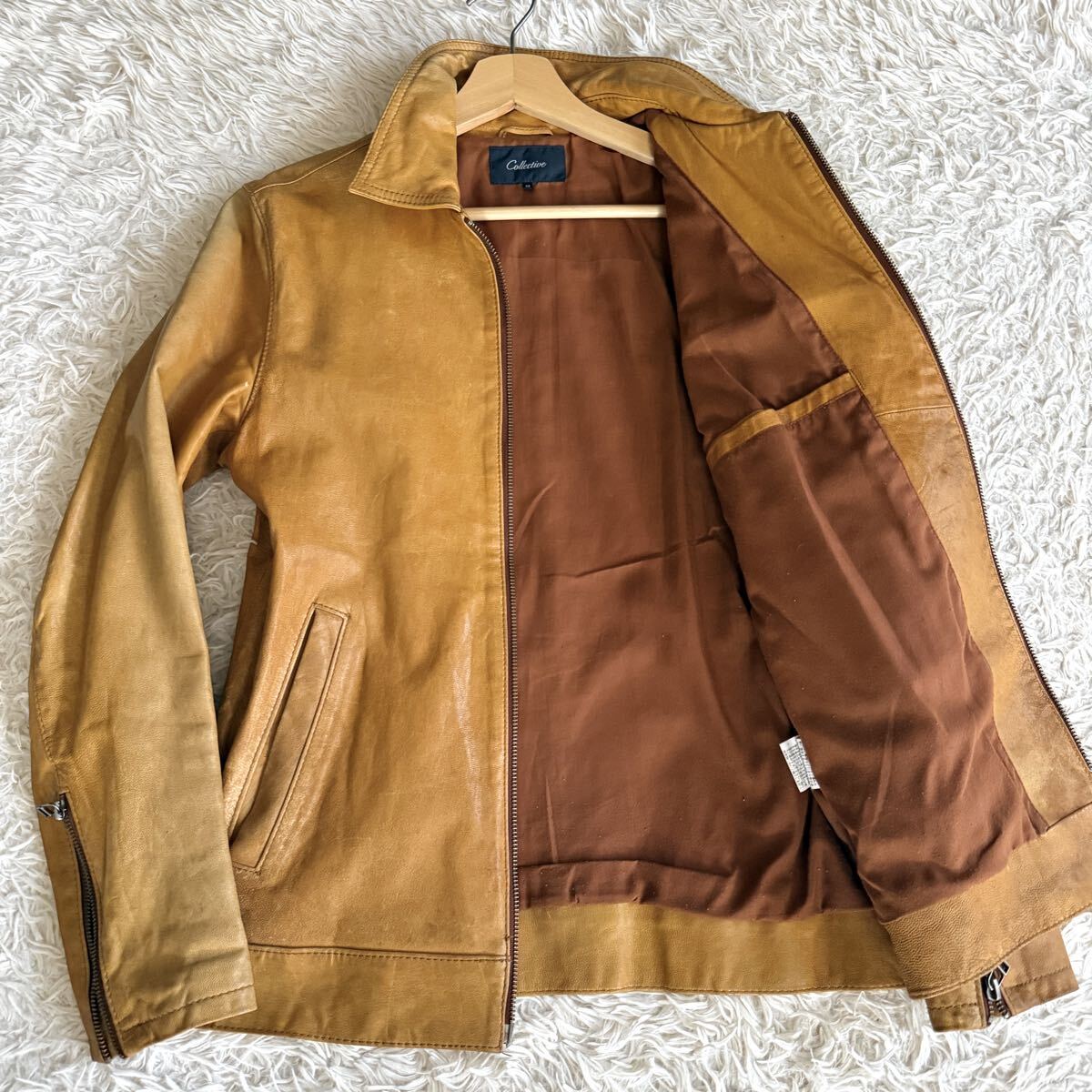 【山羊革】MEN'S BIGI メンズビギ コレクティブ ★ゴートスキン レザージャケット ライダースジャケット メンズ 03 M〜L相当 キャメル拍卖