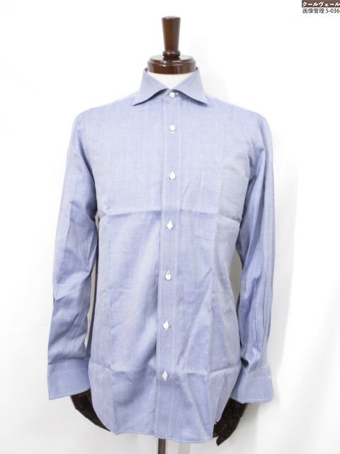 訳あり品【ルイジボレッリ】コットン100% ヘリンボーン ワイドカラー 長袖シャツ(メンズ) size37 紫がかったネイビー系 伊製◇17MK6177◇拍卖