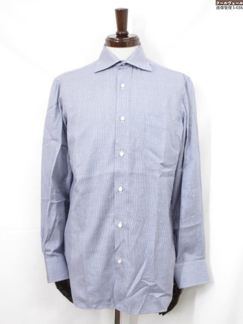 美品【LUIGI BORRELLI ルイジボレッリ】コットン100% ホリゾンタルカラー 織柄 長袖シャツ (メンズ) size37 ネイビー系 伊製◇17MK6170◇拍卖