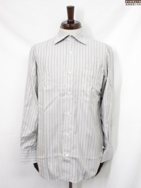 超美品【ルイジボレッリ LUIGI BORRELLI】コットン100% ストライプ柄 ワイドカラー 長袖シャツ (メンズ)size37 グレー系 伊製◇17MK6176◇拍卖