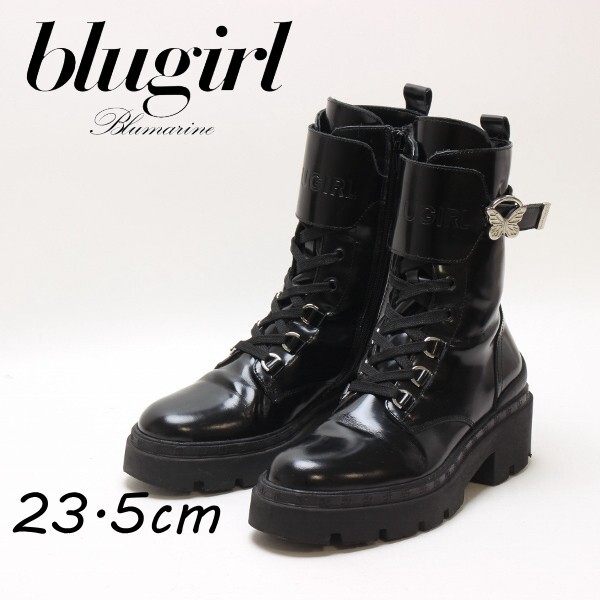 【KA233】美品◆BLUGIRL ブルーガール レザー レースアップ ジップアップ 厚底 ブーツ シューズ 黒 ブラック 37拍卖